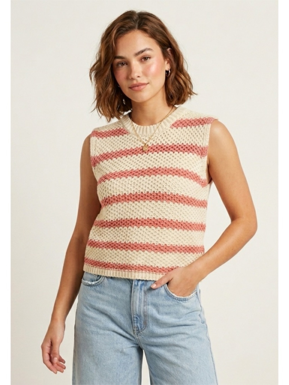 La Miel Striped Open-Knit Sweater Vest in Coastal Coral Beige Small